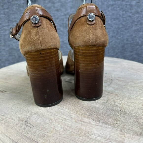 Louise Et Cie 37 / 6.5M Brown tan Suede Peep Toe Heels Ankle Strap Stacked heel - Picture 8 of 10